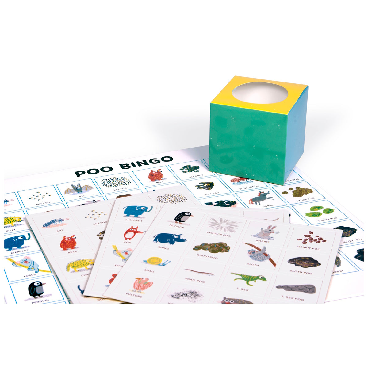 Board game titled "Poo Bingo" features various animal illustrations and their droppings. Includes bingo cards and a colorful tissue box, conveying humor and fun.