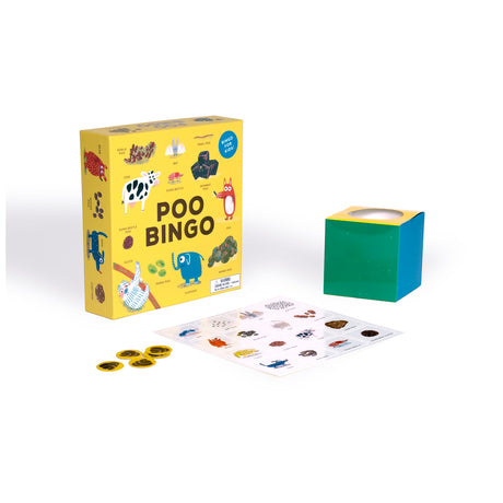 Yellow box of "Poo Bingo" featuring cartoon animals and illustrated poos. Set includes game board, tokens, and colorful box. Fun, playful vibe.