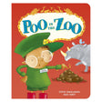 Book cover for 'Poo in the Zoo' showing a zookeeper pointing at a large pile of poop next to a rhino.