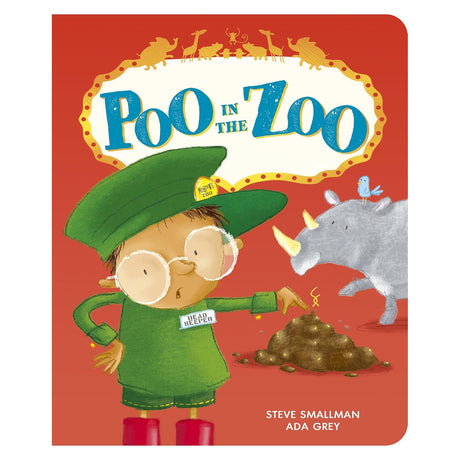 Book cover for 'Poo in the Zoo' showing a zookeeper pointing at a large pile of poop next to a rhino.