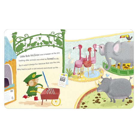 Illustration of a zookeeper pushing a cart near flamingos, an elephant, and a rhino at McGrew's Zoo.