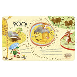 Zoo keeper stepping through animal enclosures following a long trail of droppings on a book page spread.