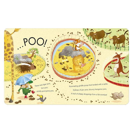 Zoo keeper stepping through animal enclosures following a long trail of droppings on a book page spread.