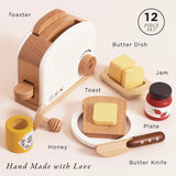 12-piece wooden toy breakfast set featuring a toaster, toast, honey pot, butter dish, jam, and knife.
