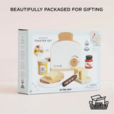 Le Toy Van wooden toaster set packaging showing the toy set inside its 100% recyclable box.