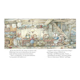 Cozy kitchen scene with anthropomorphic mice preparing furniture. Warm, rustic tones, dishes on shelves, a wooden table, and ladder create a homely atmosphere.