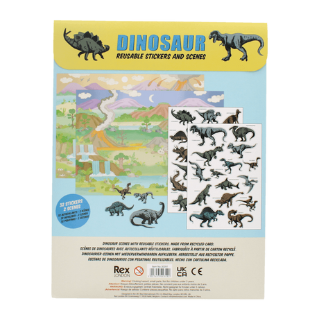 Back packaging for Rex London Dinosaur Reusable Stickers set displaying scenes and contents.