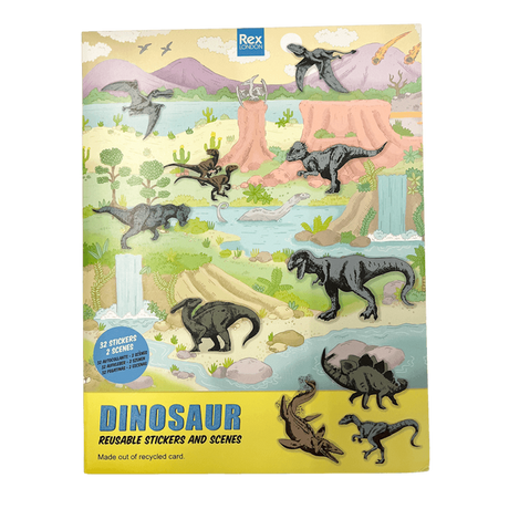 Front packaging cover of Rex London Dinosaur Reusable Stickers and Scenes set featuring dinosaurs.