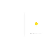 A minimalist illustration features a single yellow dot on the right page of an open book. Text below reads, "PRESS HERE AND TURN THE PAGE," inviting interaction.