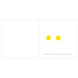 Two yellow dots on a white background with the text: "Great! Now press the yellow dot again." Playful, minimalistic, interactive vibe.