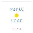 Cover of "Press Here" by Hervé Tullet. Features simple text "PRESS HERE" in blue, with a yellow circle in the center on a white background.
