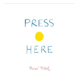 Cover of "Press Here" by Hervé Tullet. Features simple text "PRESS HERE" in blue, with a yellow circle in the center on a white background.