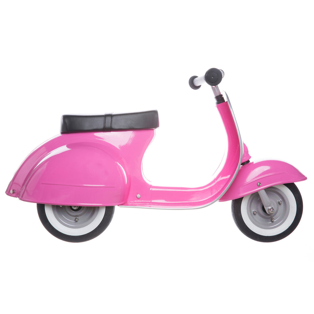 A bright pink vintage-style scooter with a black seat is shown in profile on a white background, evoking a playful and retro vibe.