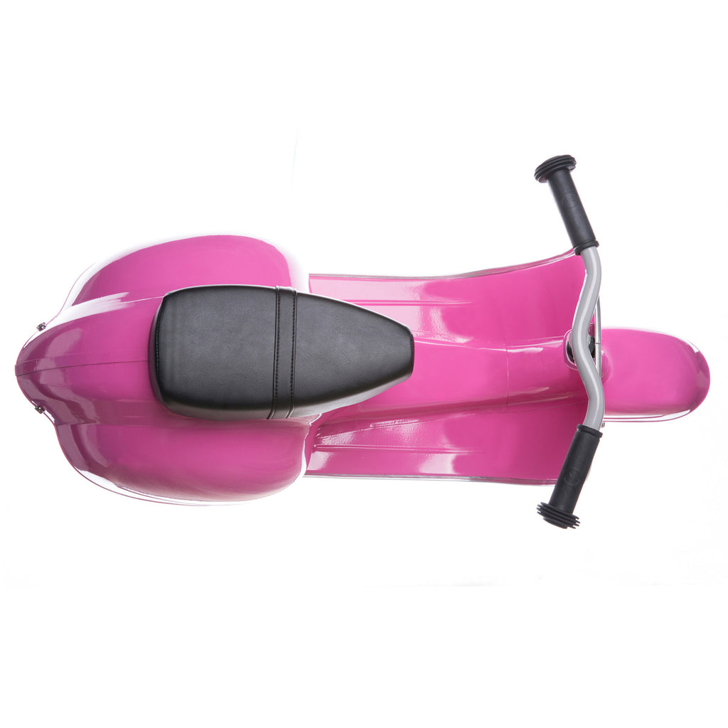 Top-down view of a pink scooter with black seat and curved black handlebars on a white background. The scooter's sleek design conveys modernity and playfulness.