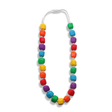 A colorful necklace made of cube-shaped beads in a repeating rainbow pattern of red, orange, yellow, green, blue, and purple on a white string.