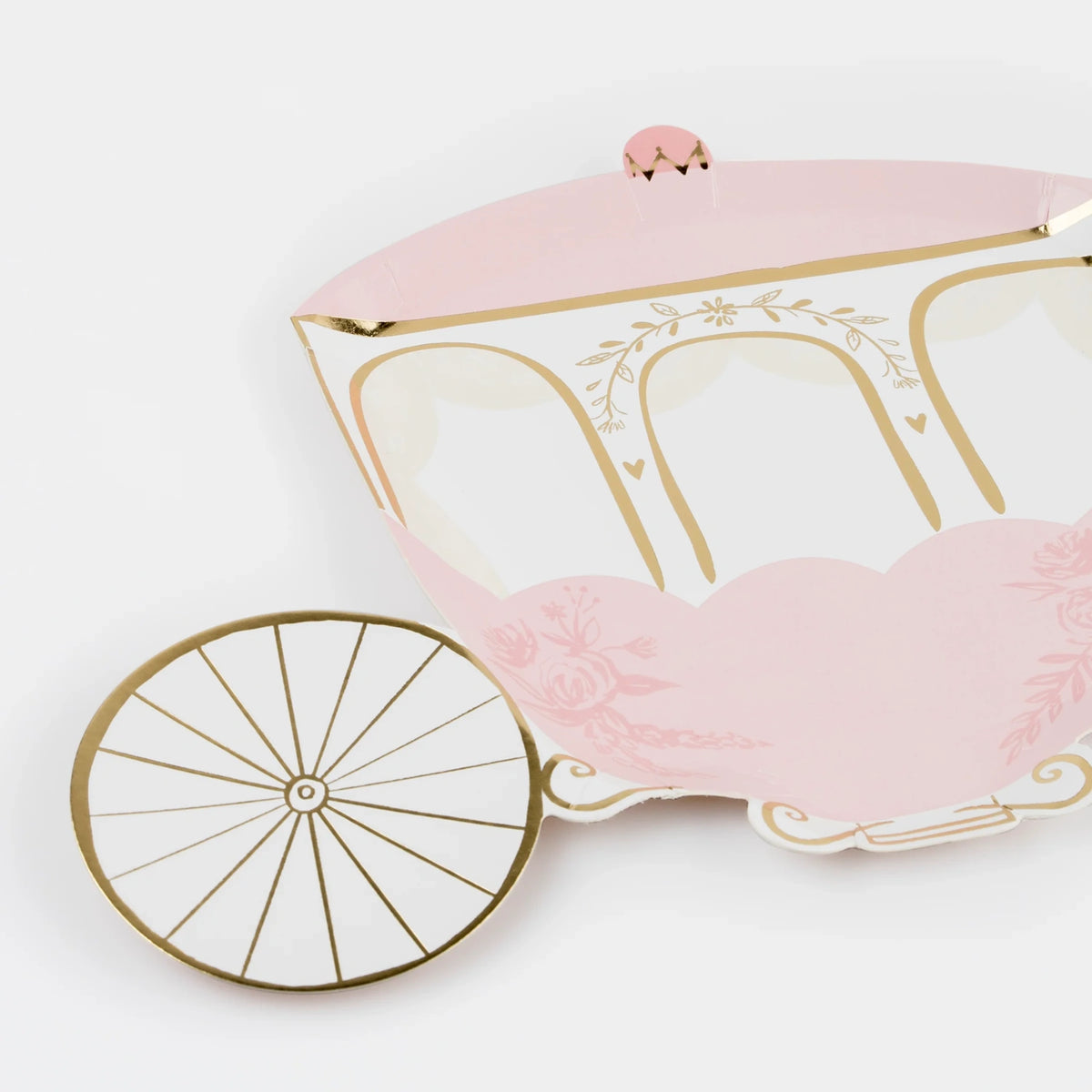 Pink and white carriage-shaped paper plate with gold foil accents on a white background.