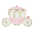 An illustration of a pink and white princess carriage with gold wheels and floral details on a white background.
