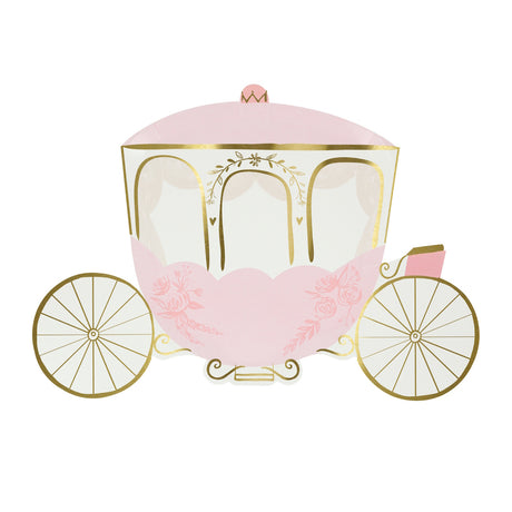 An illustration of a pink and white princess carriage with gold wheels and floral details on a white background.