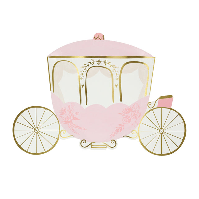 An illustration of a pink and white princess carriage with gold wheels and floral details on a white background.