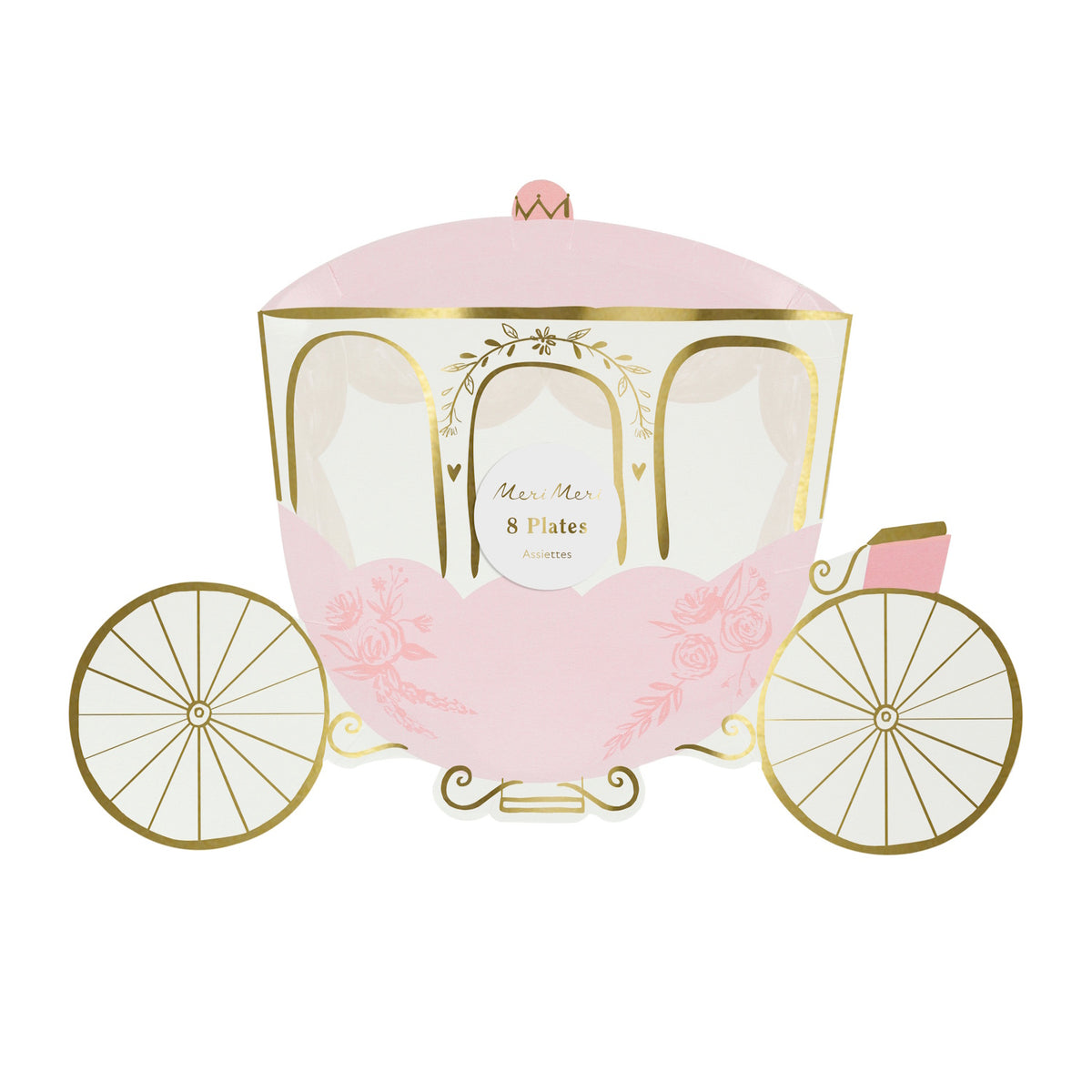 Pink and gold princess carriage-shaped paper party plate package.