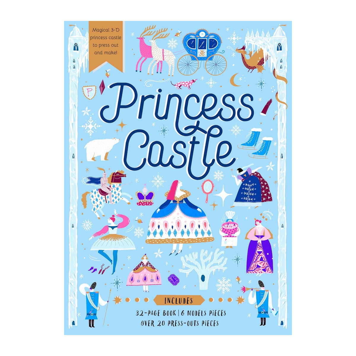 Colorful book cover titled "Princess Castle" in whimsical font on a light blue background with snowflakes. Features playful illustrations of princesses, animals, a carriage, and castles, creating a magical and enchanting tone.