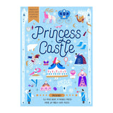 Colorful book cover titled "Princess Castle" in whimsical font on a light blue background with snowflakes. Features playful illustrations of princesses, animals, a carriage, and castles, creating a magical and enchanting tone.
