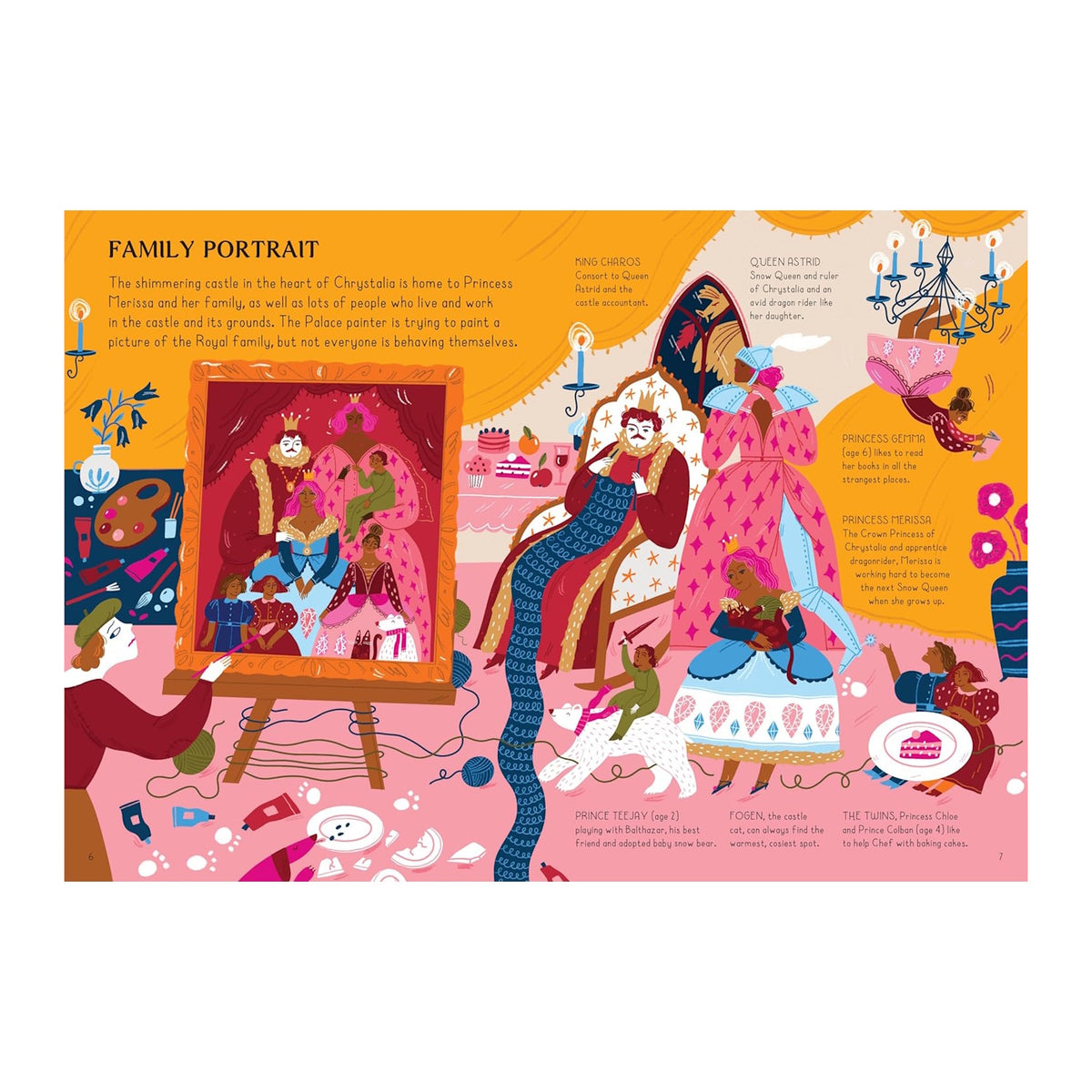 Illustration of a whimsical royal family portrait session. Vibrant colors show playful chaos with children and pets. A painter captures the scene.