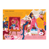 Illustration of a whimsical royal family portrait session. Vibrant colors show playful chaos with children and pets. A painter captures the scene.