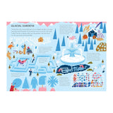 Illustrated map of Glacial Gardens, featuring snowy landscapes, ice sculptures, and a grand fountain. Characters and animals are engaged in winter activities, preparing for an ice ball. Text shares whimsical garden tales.