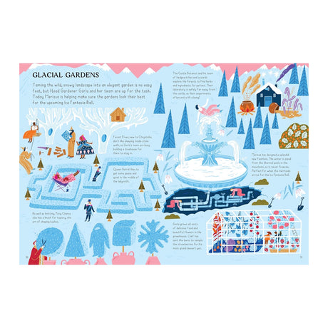 Illustrated map of Glacial Gardens, featuring snowy landscapes, ice sculptures, and a grand fountain. Characters and animals are engaged in winter activities, preparing for an ice ball. Text shares whimsical garden tales.