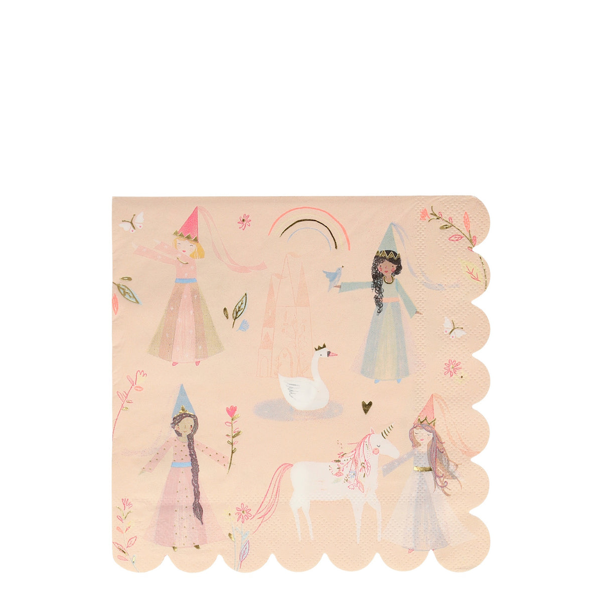 Pink paper napkin with a scalloped edge, illustrated with princesses, a unicorn, a swan, and a castle.