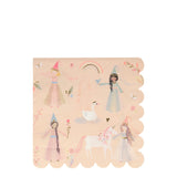 Pink paper napkin with a scalloped edge, illustrated with princesses, a unicorn, a swan, and a castle.
