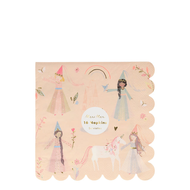 Pack of light pink scalloped paper napkins featuring illustrated princesses and a unicorn.