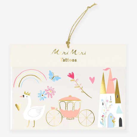 Meri Meri princess-themed temporary tattoos package with a swan, rainbow, carriage, castle, and gold string.
