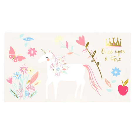 A white unicorn surrounded by pastel flowers, a pink butterfly, a gold crown, and the words "Once upon a time".