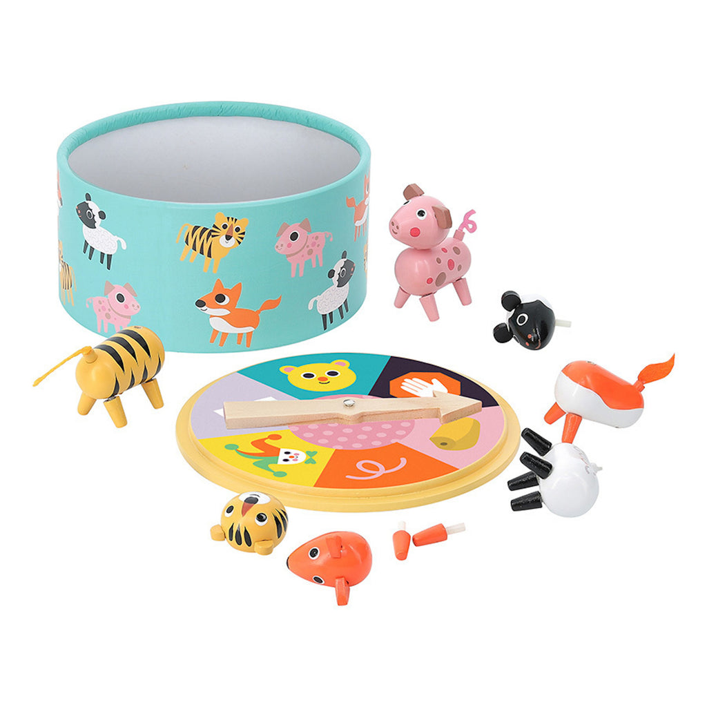 A colorful toy set with a turquoise tub decorated with animal illustrations, a spinning wheel, and various small animal figures, conveying a playful tone.