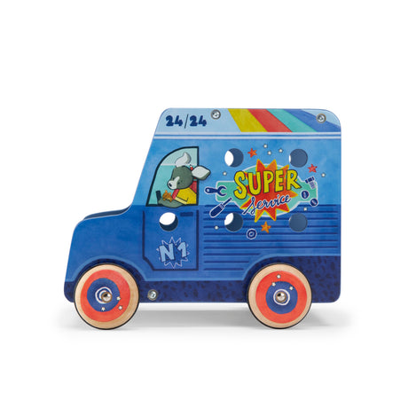 A blue wooden toy truck with "SUPER Service" text, featuring a cartoon animal driver and several holes for tools.