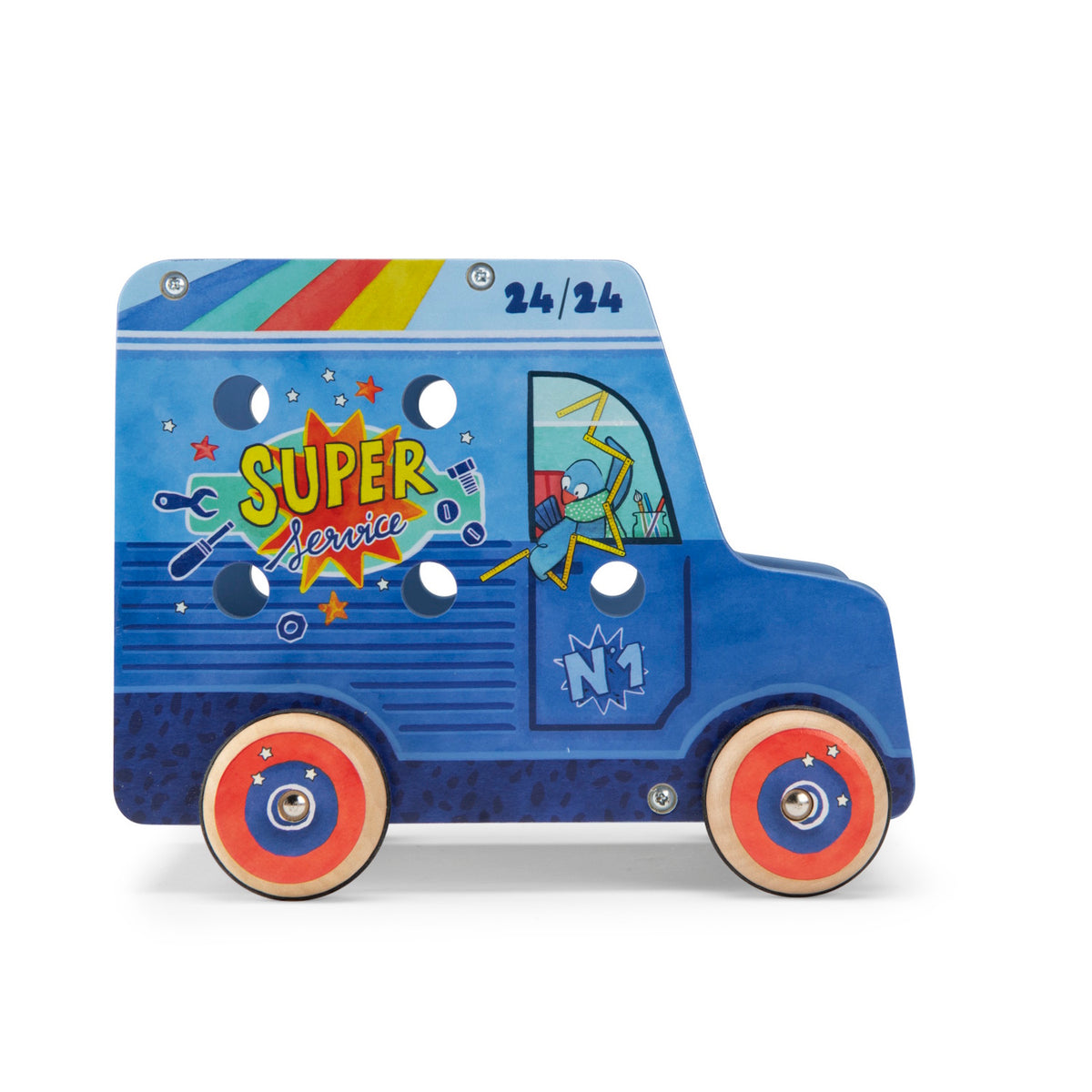 Blue wooden toy truck with "SUPER Service" text, a bird driver, and holes for play tools on a white background.