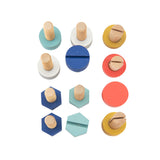 A collection of colorful wooden toy bolts and nuts in various shapes and sizes on a white background.