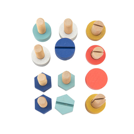 A collection of colorful wooden toy bolts and nuts in various shapes and sizes on a white background.