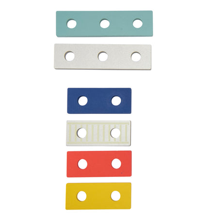Six colorful wooden toy planks with holes in various sizes and colors arranged vertically on a white background.