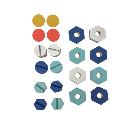 An array of colorful wooden toy hardware, including round and hexagonal screws and nuts in blue, grey, red, and yellow.