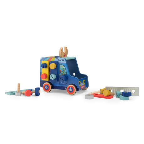 Wooden activity truck toy with various colorful bolts, nuts, and tools scattered around it on a white background.