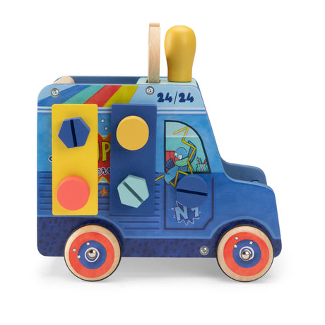 A colorful blue wooden handyman activity truck for kids featuring various shapes, bolts, and wheels on a white background.