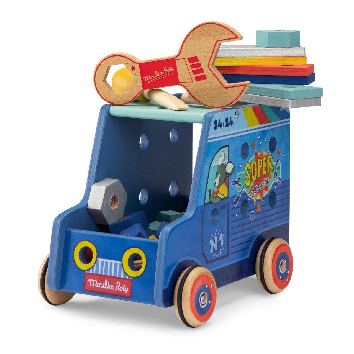 Blue wooden Moulin Roty toy handyman truck with a wooden wrench, colorful planks, and bolts on a white background.