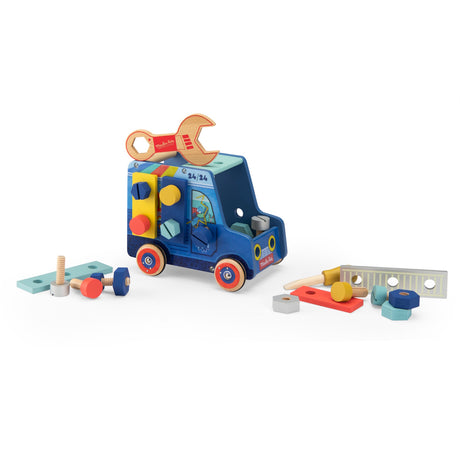 Wooden toy handyman truck with colorful nuts, bolts, and tools scattered around it on a white background.