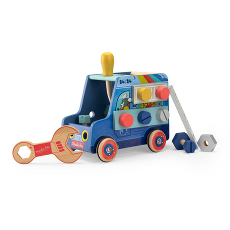 Wooden blue handyman activity truck toy by Moulin Roty with colorful bolts, a wrench, a screwdriver, and a ladder.