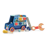 Wooden blue Moulin Roty handyman truck toy with tools, colorful bolts, a wooden wrench, and a ladder.