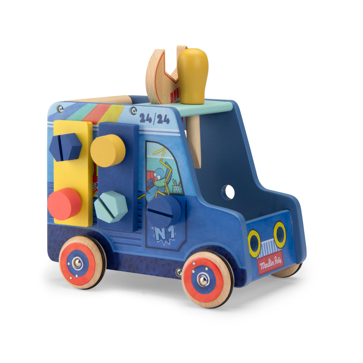 Colorful wooden toy truck with various bolts, a wrench, and a screwdriver for children to practice building skills.