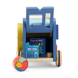 Blue and wooden multi-activity toy car with its back hatch open, revealing small toy blocks and accessories inside.